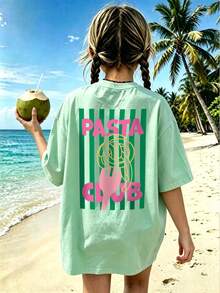 Girls "Pasta Club" Pasta Graphic Short Sleeve T-Shirt, Casual Round Neck Cute Food Print Top For Summer, Suitable For Teens - Mint Green - View 8