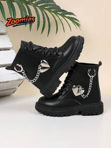 2026 New Girls' Cute Fashion Boots, All-Season Low-Top Boots, Heart Chain Decor, Preppy Outdoor Style Fashion Boots, Simple Versatile Comfortable Non-Slip Wear-Resistant - Black - View 2