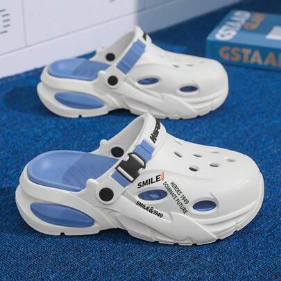 Men's Thick Sole Height-Increasing Clogs, Dual-Tone Hollow Design With Adjustable Buckle Strap, Comfortable Easy-Wear Sandals, Sports Letter Print Style, Indoor/Outdoor Casual Garden Shoes, Soft Shock-Absorbing EVA Material, Beach Water Shoes, Closed-Toe Slippers