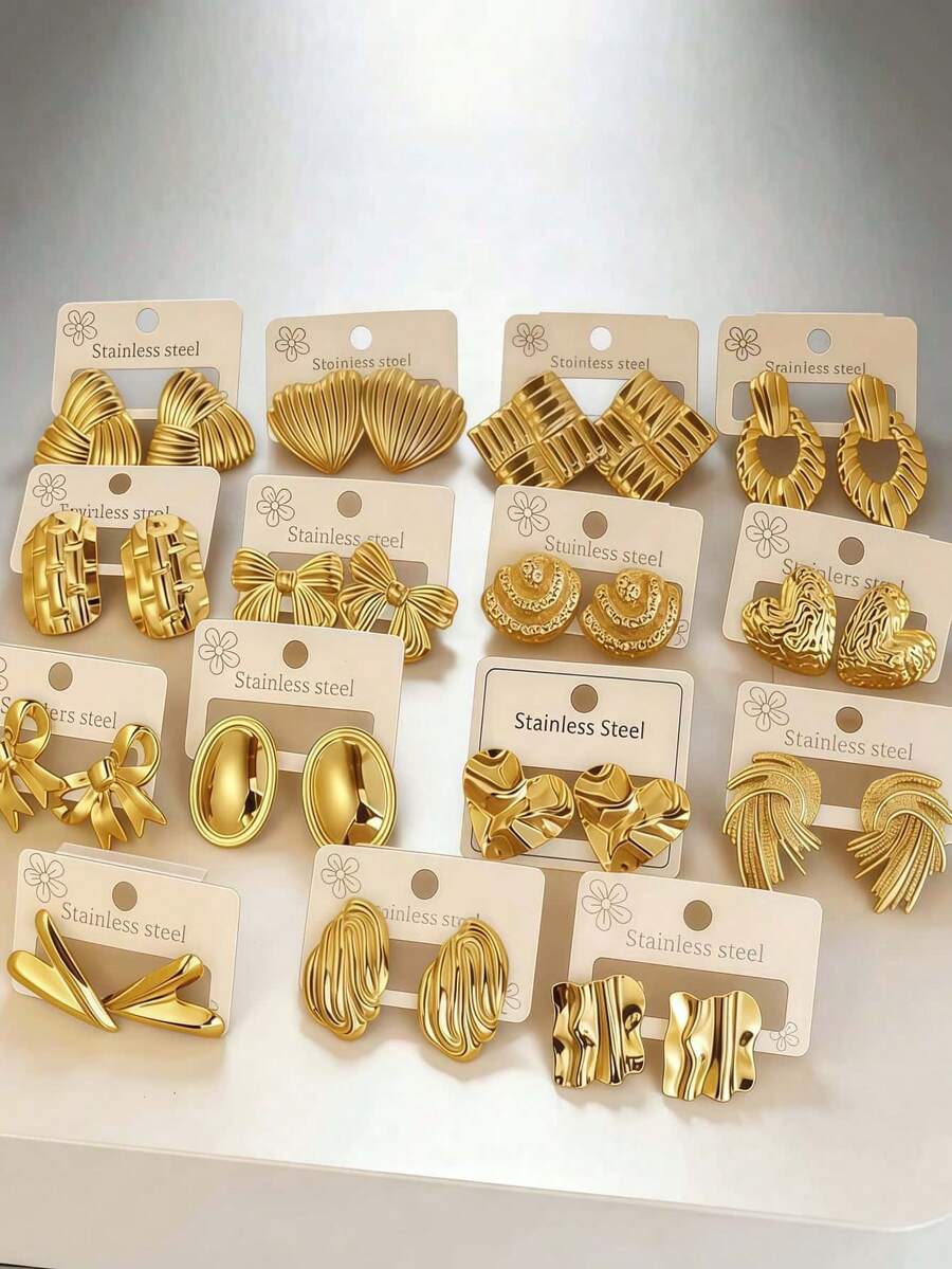 OBOVAY 2/24Pcs Chic Gold Floral Stud Earrings Set For Women, Elegant Stainless Steel Flower Earrings, Daily, Party, Date & 4th Of July Gift Jewelry - 12 Pairs Of Random Earrings Set - View 1