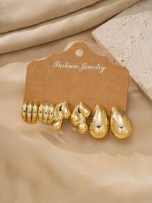 9 Pairs CCB Gold Geometric Earring Set, Hypoallergenic Water Drop Shell Style, Suitable For Daily And Party Outfits - Gold - View 4