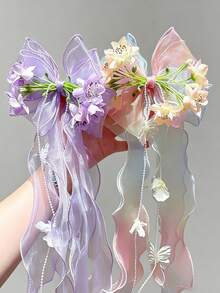 2pcs Girls Blue Bellflower Bow Ribbon Hair Clips, Non-Damaging Daily Wear Versatile Hair Accessories - Multicolor - View 3
