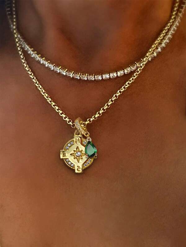 2Pcs/Set Gold Green Diamond And Compass Diamond Pendant Necklace,Necklace Set,Unique And Luxury Style Chain, Stainless Steel,For Women's Decor