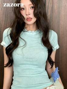 小眾法式蕾絲設計修身短袖T恤，顯瘦輕盈微透舒適休閒夏季上衣 - 薄荷綠 - View 1