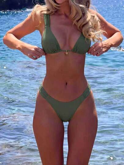 Spring Summer Women's Sexy Fashionable Yellow Bikini With Floral Pendant, Elegant Casual Beach Vacation Outfit Suitable For Music Festivals, Beach Parties, Surfing And More, Made Of High Elastic Fabric, Comfortable And Cute, Backless Two Pieces Swimsuit