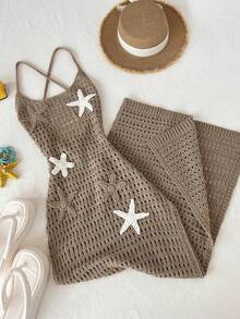 Women's Brown Floral Dress, Sexy Hollow Out Lightweight Breathable Summer Beach Dress, Casual Outfit - Multicolor - Ver 2