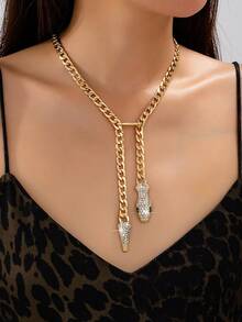 1pc Gold Jewelry Necklace With Classic Double Snake Head Pendant, Fashionable High-End Vintage Niche Design, Multiple Blogger Style, Atmospheric Accessory - Green - View 1