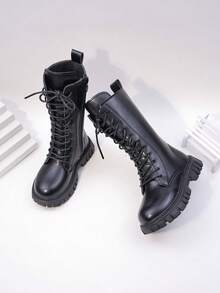 Girls' Black Lace-Up High-Top Boots, Side Zipper Thick Sole Anti-Slip Mid-Calf Boots For Autumn/Winter - Black - View 8