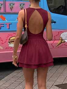 Vaiaye 女款奶油黃圓領露背極簡風迷你洋裝，修身無袖夏季優雅街頭穿搭，適合海灘與度假派對 - 酒紅色 - 查看 8