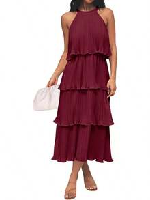 ZESICA Vestido Largo de Gasa para Mujer, 2023, sin Mangas, Cuello Halter, con Volantes, Escalonado, con Vuelo, de Verano - Morado - Ver 23