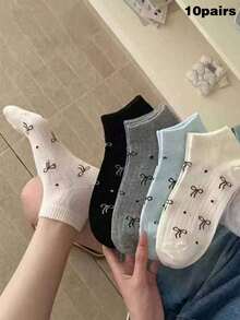 1/4/5/10 Pairs Random Style Women's Bowknot Polka Dot Striped Solid Color Minimalist Lace Short Socks, Soft Comfortable Breathable, Preppy Fashion All Season, Women's Boat Socks Student Socks, Ladies Short Socks, Autumn Socks, Comfortable Breathable, Girls Socks, Adult Socks, Suitable For Home And Travel Use - Multicolor - View 7