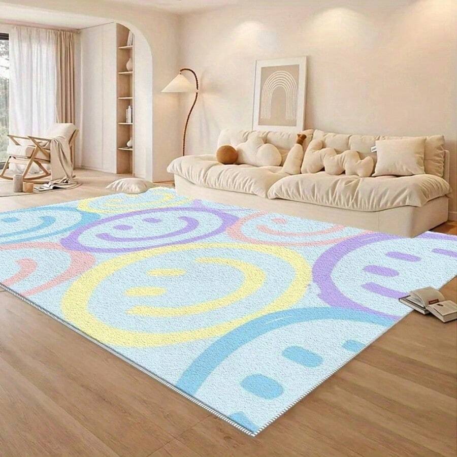 [Velvet]1PC Light Tone Smiling Face Pattern Area Rug, Lightweight Easy To Wash And Organize Floor Mat For Summer And Autumn, Suitable For Bedroom, Living Room, Bathroom, Balcony, Office, Room Accessories