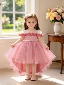 Baby Girls 3D Floral Mesh Bow Cute Party Dress Suitable For 1st Birthday Flower Girl Without Headband - Dusty Pink - View 3