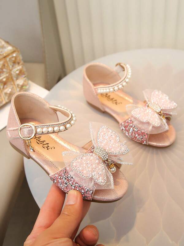 1 Pair Girls' Lively Princess Sandals, Breathable Design With Bow, Pearl Pendant And Rhinestone Decor, Suitable For Outdoor Sports And Summer Wear