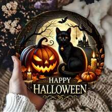 2D Flat Vintage Black Cat Round Wooden Hanging Sign, Waterproof & Durable, Happy Halloween Text With Pumpkin & Bat, Halloween Party Scene Decor For Door, Window, Porch & Home - Black - View 3