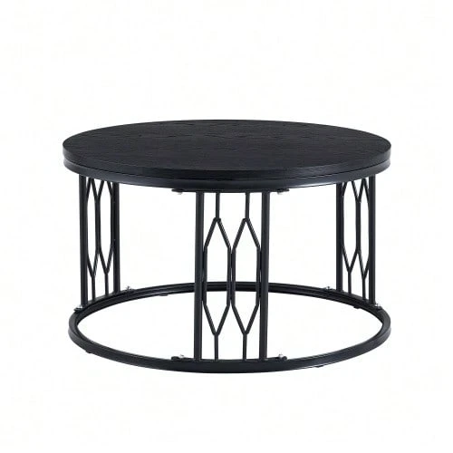 Round Coffee Table With Wood-Effect Top And Metal Frame, Modern Living Room Table With Geometric Iron Structure, Stable Round Side Table, Approx. 70 X 40.5 Cm - 黑色 - 查看 1