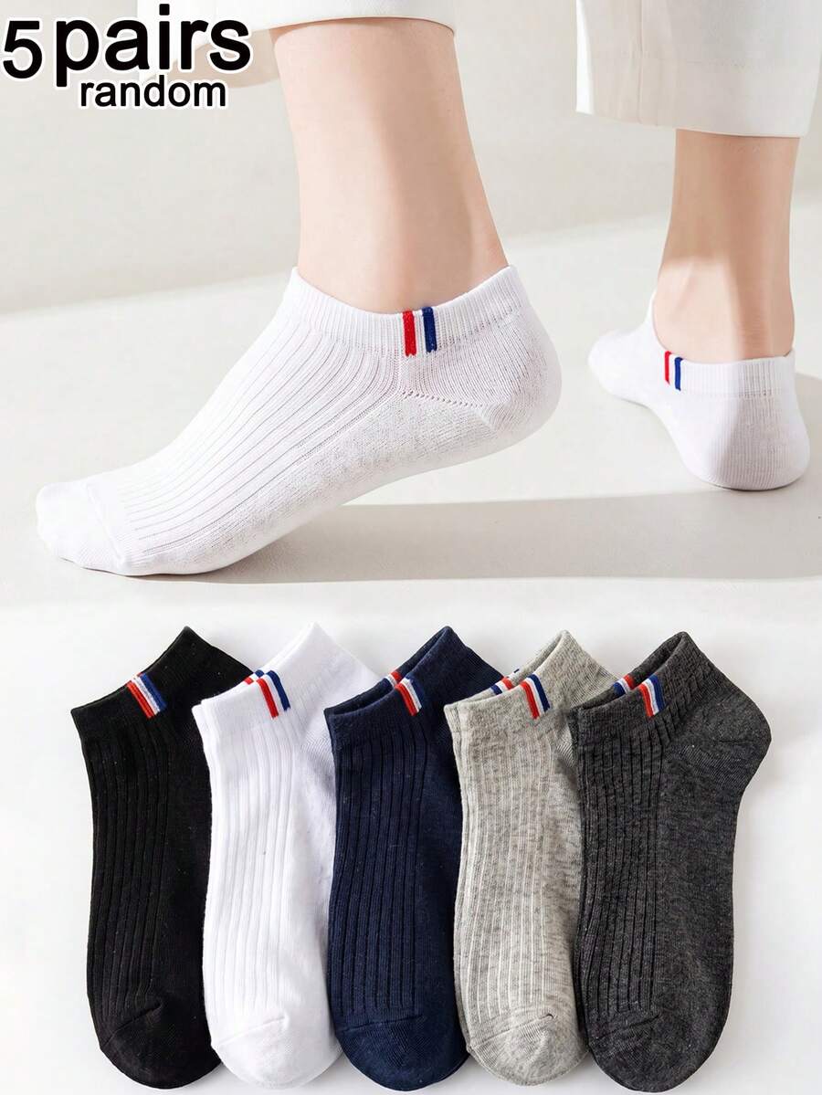 5 Pasang Kaos Kaki Pendek Minimalis Unisex Acak, Warna Polos Dasar, Garis Vertikal, Logo Kontras, Ramah Kulit, Tahan Lama, Nyaman, Bernapas, Cocok untuk di Rumah dan Pemakaian Sehari-hari