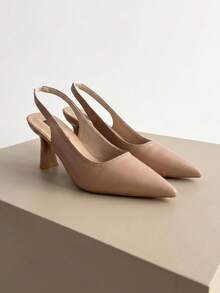 1 Pair 2026 Girl Hollow Side Cutout Pointed Toe Chunky Kitten Heel Elastic Back Strap Dress Sandals Office Party - Camel - View 1