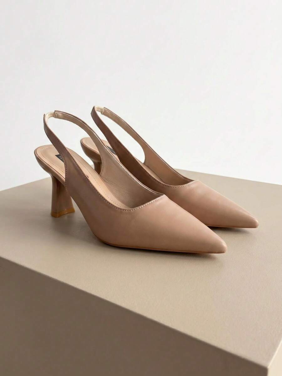 1 Pair 2026 Girl Hollow Side Cutout Pointed Toe Chunky Kitten Heel Elastic Back Strap Dress Sandals Office Party - Camel - View 1