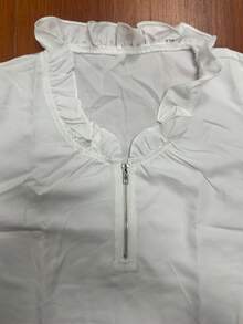 Women's Classic Ruffle Trim Zip V-Neck Long Flare Sleeve Blouse, Suitable For Spring And Autumn White - White - View 10