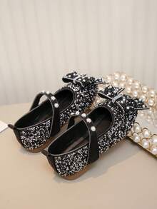 Girls' Pearl & Rhinestone Princess Shoes, Bow Decor Soft Sole Shoes, Casual Versatile For Spring, Summer, Autumn - Black - View 4