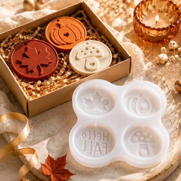 1 khuôn silicon treo hình bí ngô mùa thu, nhãn tròn họa tiết chữ lá phong nấm Halloween, khuôn đổ thạch cao resin làm mặt dây chuyền trang trí nhà cửa mùa thu, làm tag trang trí Halloween và làm quà tặng