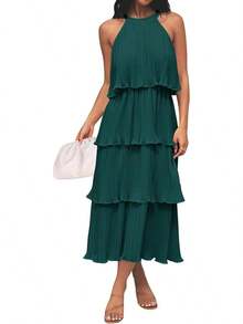 ZESICA Vestido Largo de Gasa para Mujer, 2023, sin Mangas, Cuello Halter, con Volantes, Escalonado, con Vuelo, de Verano - Morado - Ver 11