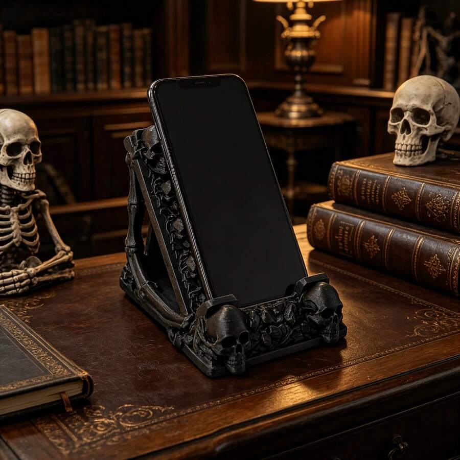 1pc Gothic Skull Phone Stand, Dark Style Desktop Decor, Creative Phone Holder, Suitable For Desk/Office Space Decoration, Halloween Creative Gift - Multicolor - View 1