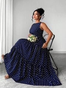 Long Flared Polka Dot Dress With Round Neck, Sleeveless And Fitted Waist, Elegant And Casual, For Women's Size, Navy Blue - 海軍藍 - 查看 1