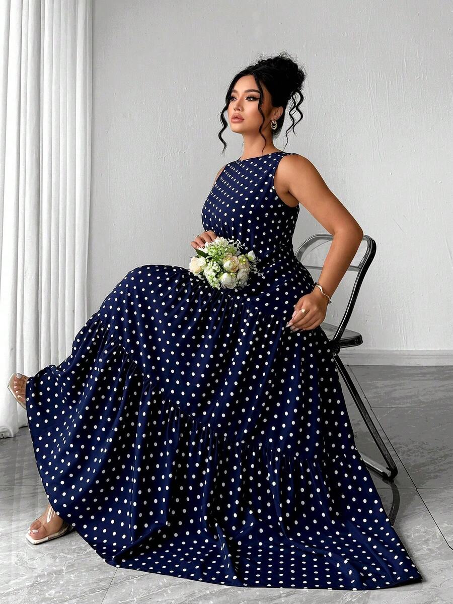 Long Flared Polka Dot Dress With Round Neck, Sleeveless And Fitted Waist, Elegant And Casual, For Women's Size, Navy Blue - 海軍藍 - 查看 1