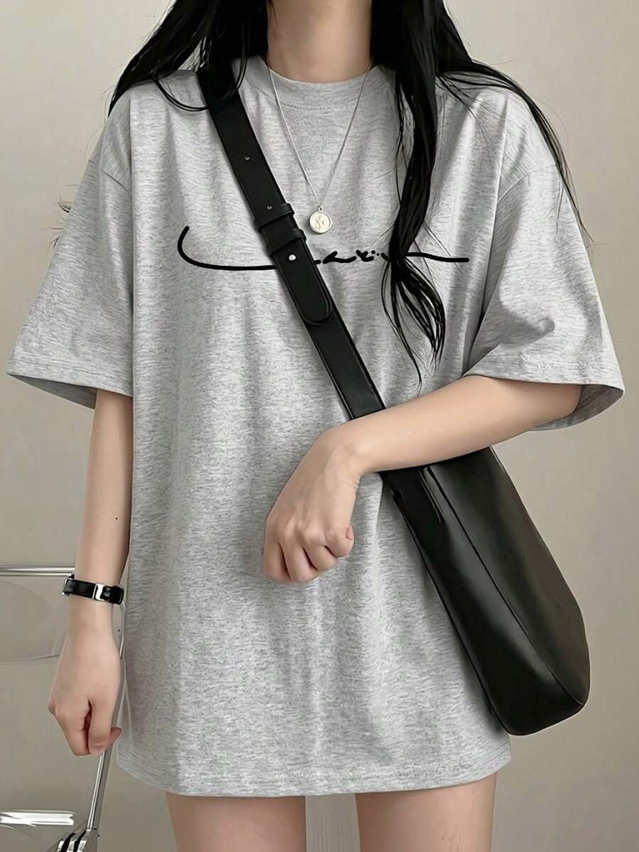 女款休閒圓領寬鬆版型T恤,極簡卡通印花,適合春夏季 - 淺花灰 - 查看 1