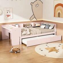Flat Bed 90 X 200 Cm With Pull-Out Bed, Integrated Desk And Three Side Shelves, Pink. - 粉色 - 查看 11
