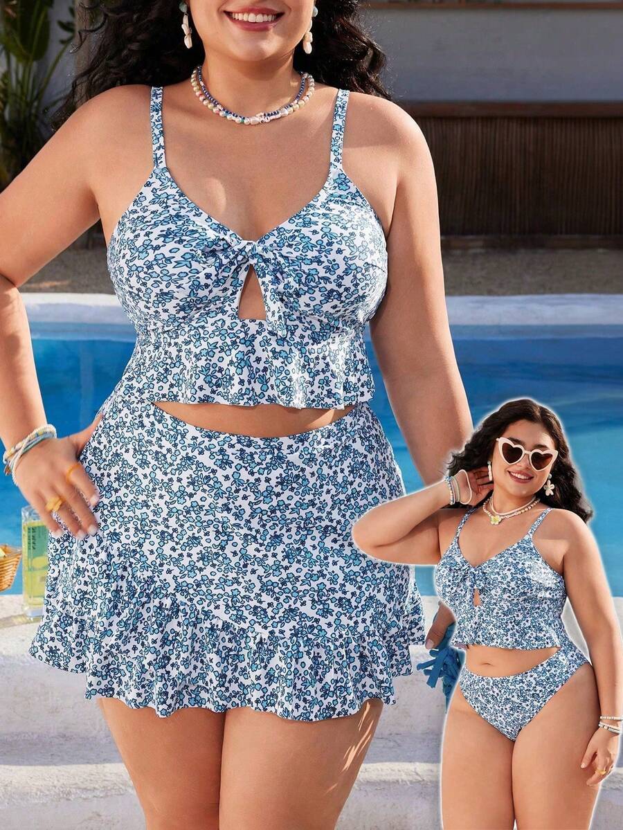 Swim Mod Conjunto de traje de baño de 3 piezas talla grande para mujer, bikini con volantes, estampado floral, tirantes finos, sexy y elegante para vacaciones de primavera/verano en la playa - Azul - Ver 1