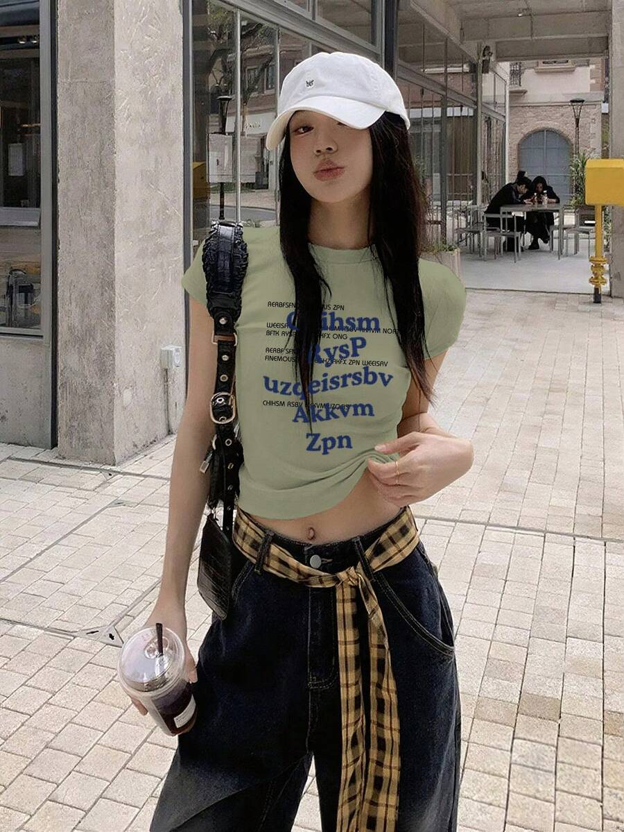 女款美式街頭風修身方肩短袖T恤,夏季顯瘦百搭豆沙綠上衣,休閒款 - 豆沙綠 - 查看 1