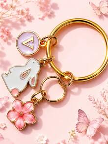 Customizable Initial Spring Cherry Blossom Keychain Set, Pink Flower Rabbit Pendant, Forest Fairy Style Key Ring, Unisex Car Key Fob, Daily & Holiday Accessory, Cute Style Keychain Suitable For Bags, Women's Accessories, Customized Tags, Gift For Women - White Rabbit + Pink Flower - View 5
