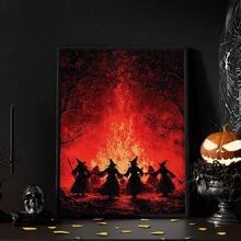 1pc Framed Canvas Wall Art, Vintage Red Fire Witch Gathering, Four Witches Holding Hands In Dark Forest, Gothic Dark Academia Eerie Halloween Witch Atmosphere Wall Decor - Campfire Witch - View 10