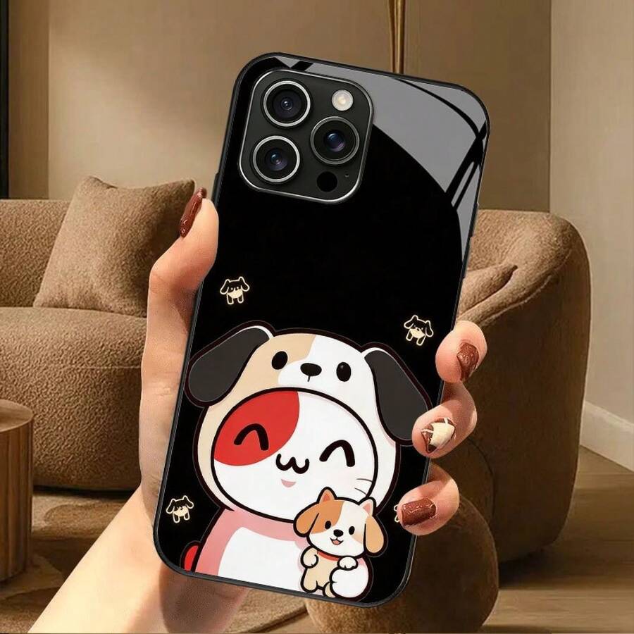 スマホケース：プレミアムな新型強化ガラス作るスマホケース：子犬の人形とふわふわの猫のデザインがSHIされたキュートで楽しい黒い背景、を使うの柔らかいらかく愛らしいスタイル。 - ブラック - チェックする 1