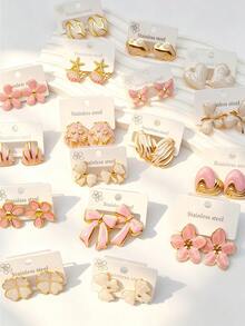 Luxury Pink Gold And Enamel Stainless Steel Earring Set (4/8/16/24 Pieces) – Women's Fashion Accessories (Party/Fashion) - Multicolor - View 4