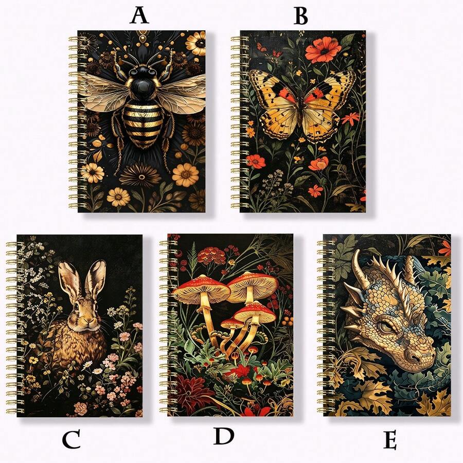 5本A5筆記本套裝，深色優雅風格，魔幻主題交織植物與動物，精緻螺旋雙線圈翻頁自由書寫，大學線條厚紙雙線圈裝訂日記本，適合禮品或個人使用，書寫筆記本、辦公筆記本、日常記錄、生日禮物、節日禮物、開學筆記本 - 彩色的 - 查看 1