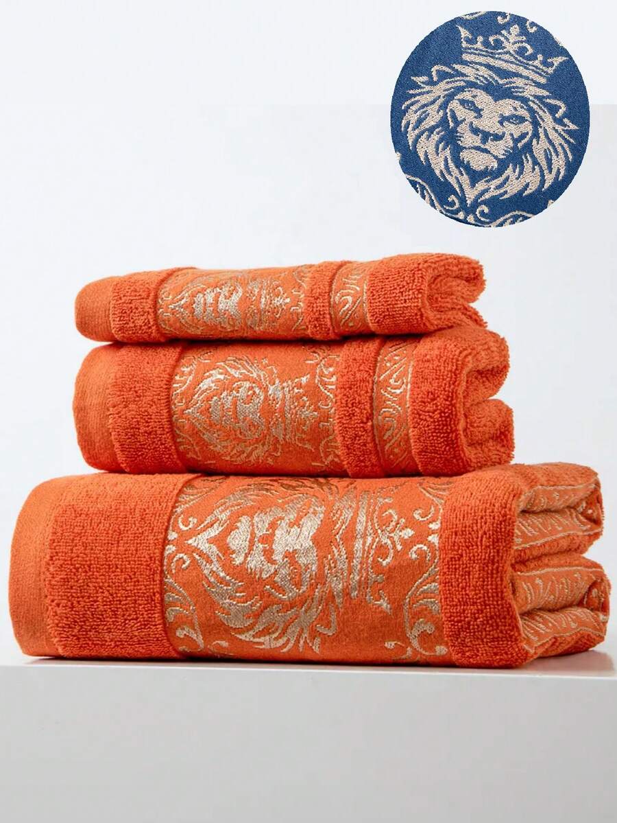 1pc Bright Orange Pure Cotton Thin Bath Towel/Small Towel/Handkerchief, Lion Pattern, Quick Dry & Absorbent, Unisex, Suitable For All Year Round, Perfect For Bathroom, Travel, Vacation, Gift, School, Hotel And Home