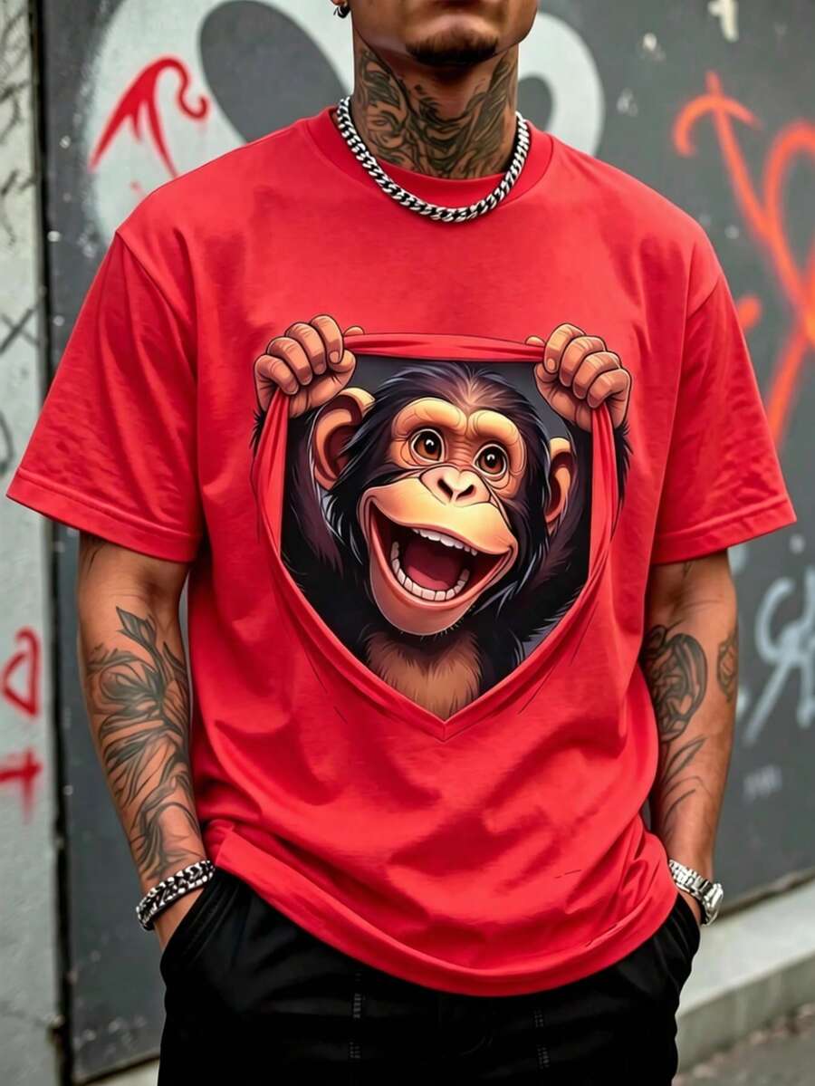 Men's Loose Fit T-Shirt, 3D Optical Illusion Illustration Of A Happy Smiling Chimpanzee Holding The Edges, Short Sleeve T-Shirt, Casual Youth Streetwear Style. - 紅色 - 查看 1