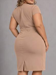 Women's Midi Dress With Pocket, Short Sleeves, Tailored Fabric, Plus Size, Casual, Secretary, Work Uniform - 杏色 - 查看 2