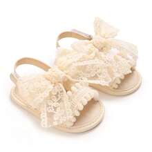 Lace Big Bow Baby Sandals Summer Girls Soft Sole Pre-Walker Shoes Pom Pom Ruffle Non-Slip Newborn Toddler Shoes - Apricot - View 3
