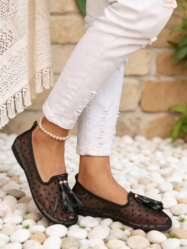 Women's Polka Dot Solid Color Lace Mesh Round Toe Tassel Flats, Slip-On, Breathable, Cute & Elegant, Comfortable & Versatile Summer Casual Flat Shoes