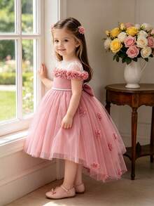 Baby Girls 3D Floral Mesh Bow Cute Party Dress Suitable For 1st Birthday Flower Girl Without Headband - Dusty Pink - View 2