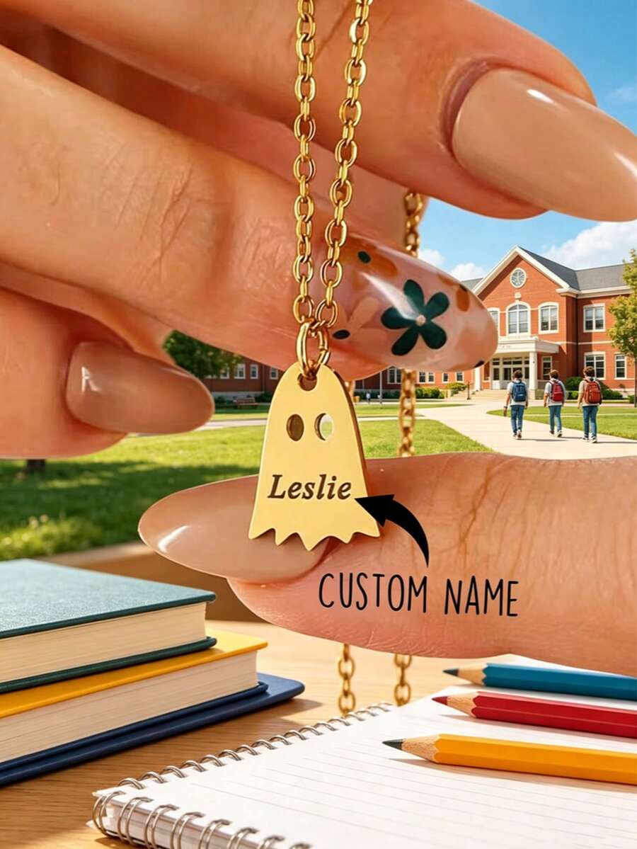 Custom Name Ghost Necklace "Back To School" Personalized Letter Little Ghost Minimalist Clavicle Chain Niche Versatile European & American Hot-Selling 2026 - One Size - View 1