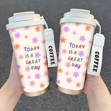 1/5pcs 18oz Stainless Steel Coffee Tumbler, Today Is A Great Day Colorful Floral Print Travel Mug, Multi-Function Flip Straw Lid, White COFFEE Lanyard Strap, Ideal Gift For Positive Ladies, Suitable For Picnic Travel Home Office Daily - Today Is a Beautiful Day. - View 6