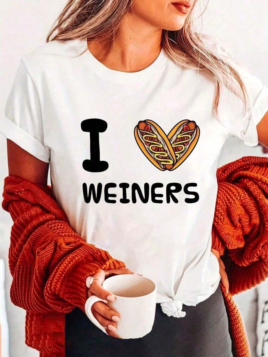 Women's Casual Short Sleeve Cotton T-Shirt, Cartoon Graphic Design Cotton T-Shirt - I Love Hot Dogs Design - Fun Heart-Shaped Ham Design, Casual Short Sleeve Crew Neck T-Shirt, Comfortable For All Seasons, A Must-Have For Food Lovers - 白色的 - 查看 1
