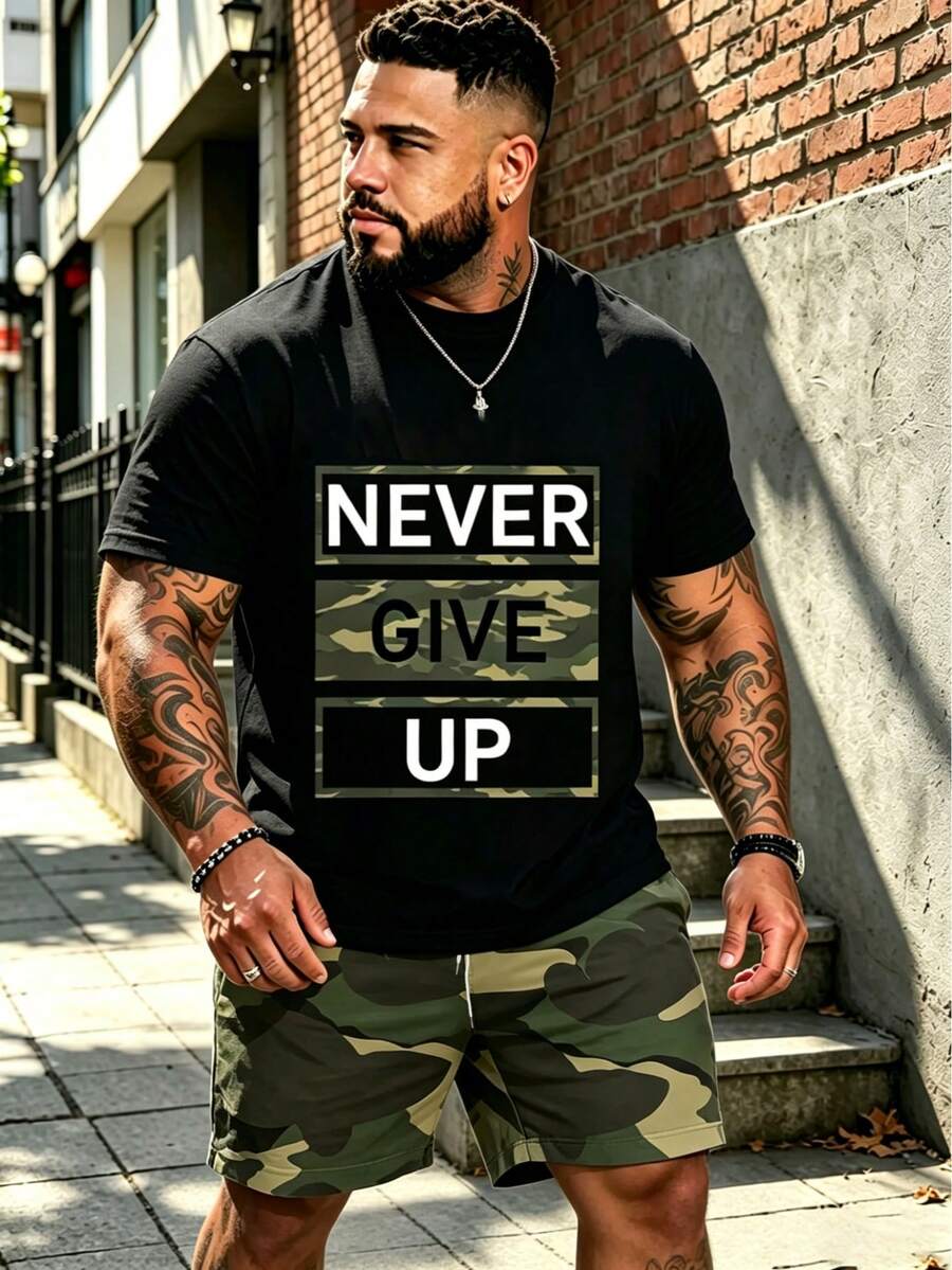 2件組大尺碼男士純黑色迷彩 NEVER GIVE UP 勵志字母印花短袖T恤與迷彩短褲套裝,大尺碼運動休閒風 - 黑色 - 查看 1