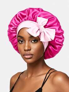 1pc Women's Elastic Satin Sleep Bonnet With Ribbon, Dual-Color Adjustable Knot Hair Wrap Cap For Daily Use - Multicolor - View 7